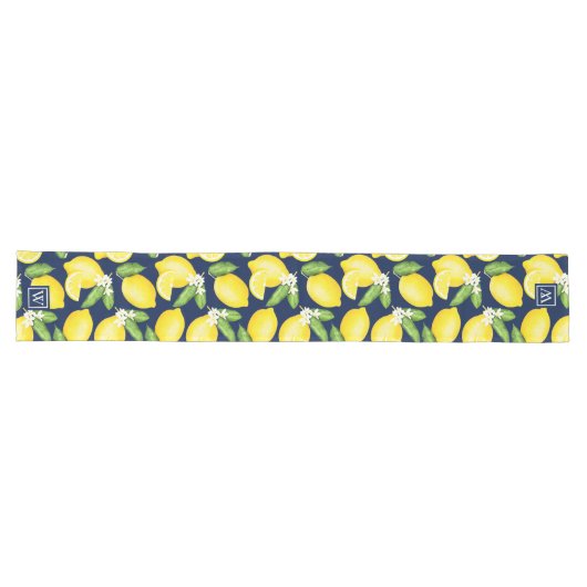 Citrus Botanical Lemon Navy Blue Monogram Großer Tischläufer (Horizontal)