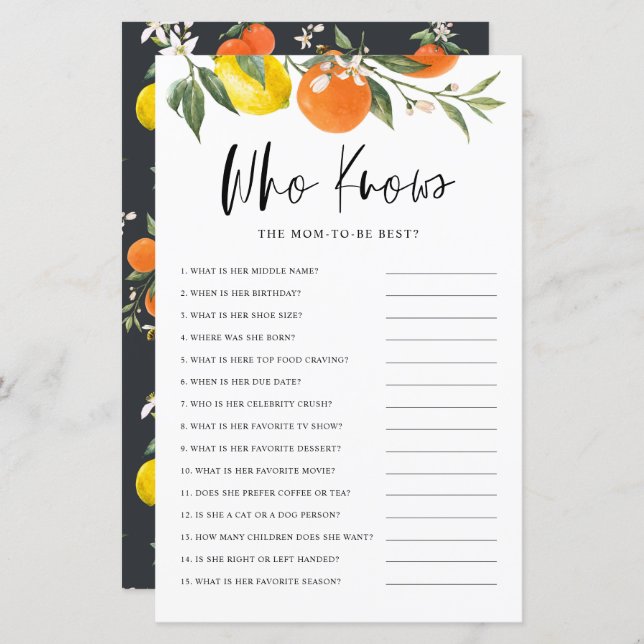 Citrus Botanical Who Knows the Mom Best Game (Vorne/Hinten)