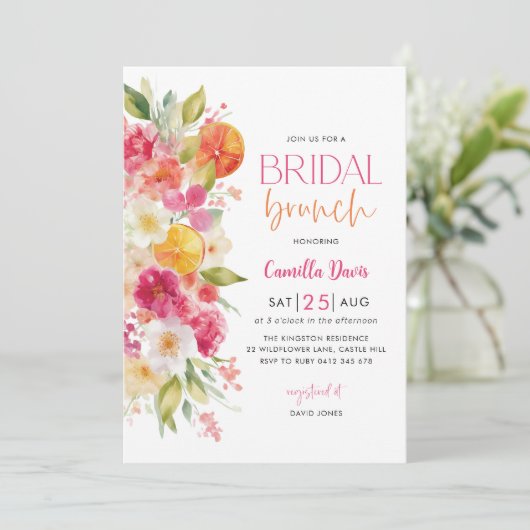 Citrus Bridal Brunch, helle Blüte Mittelmeer Einladung (Stehend Vorderseite)