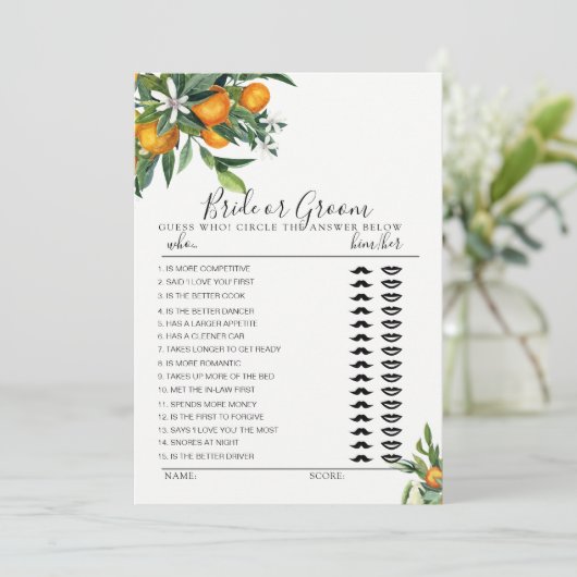 Citrus Bridge oder Groom Spiel vollständig editier Einladung (Stehend Vorderseite)