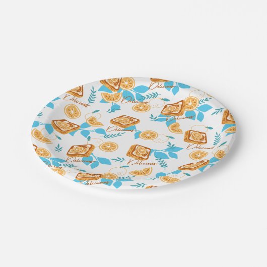 Citrus Delight Pastry and Blätter Dessert Pattern Pappteller (Schrägansicht)