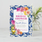 Citrus Floral Blue Tile Brautparty Einladung (Stehend Vorderseite)