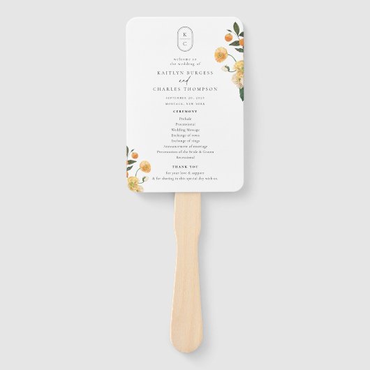 Citrus Floral Monogram Wedding Program Fächer (Vorderseite)