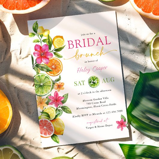 Citrus Floral Pink Orange Bridal Brunch Dusche Einladung