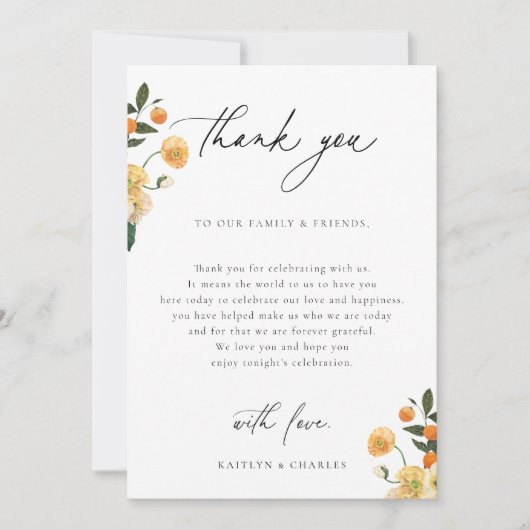 Citrus Floral Wedding Table Dankeskarte (Vorderseite)