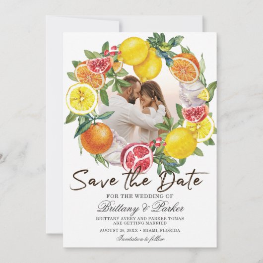 Citrus Foto Watercolor Botanische Hochzeit Save The Date (Vorderseite)