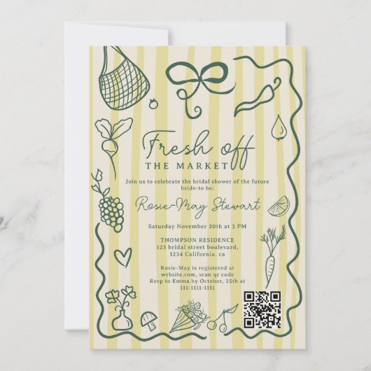Citrus Fresh Off the Market Hand Drawn QR Bridal Einladung (Vorderseite)