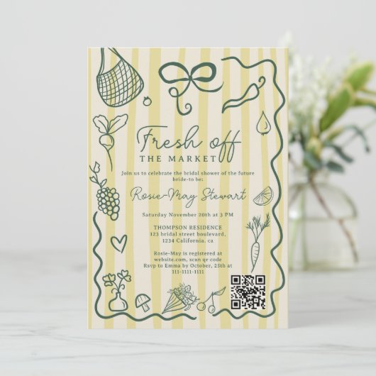 Citrus Fresh Off the Market Hand Drawn QR Bridal Einladung (Stehend Vorderseite)