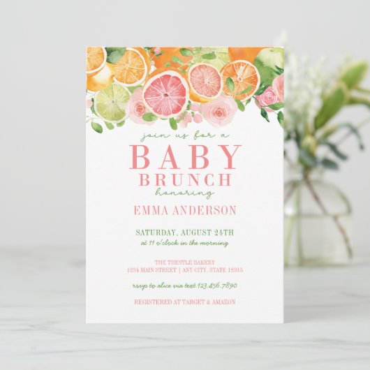 Citrus Frucht & Blume Baby Brunch Einladung (Stehend Vorderseite)