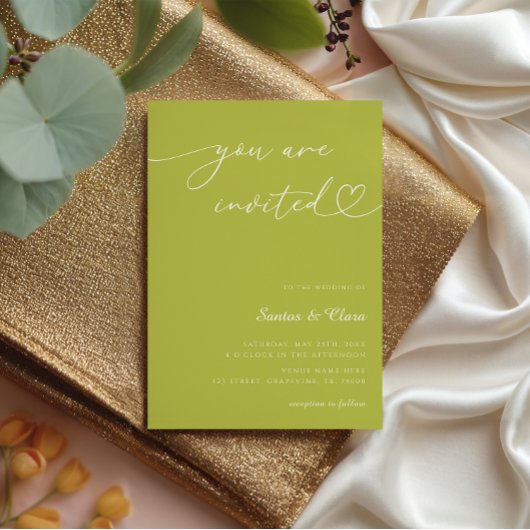 Citrus Green Heart Script 3 Photo Collage Wedding Einladung