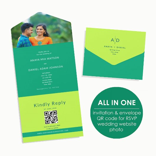 Citrus Green Modern Photo QR Code Wedding All In One Einladung