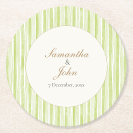 Citrus Green Striped Couple Name Retro Wedding Runder Pappuntersetzer