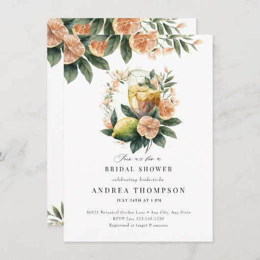 Citrus Greenery | Rosa Brautparty Einladung (Vorne/Hinten)