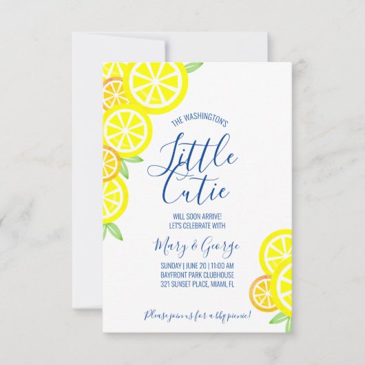 CITRUS Junge oder Mädchen BABY SHOWER blaue Zitron Einladung (Vorderseite)