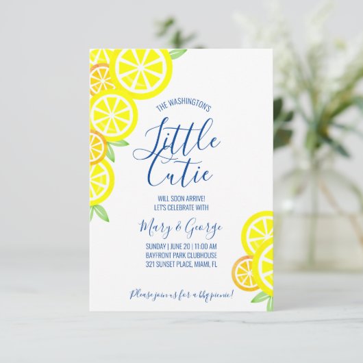 CITRUS Junge oder Mädchen BABY SHOWER blaue Zitron Einladung (Stehend Vorderseite)