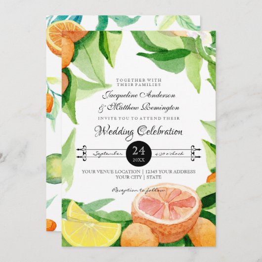 Citrus Kumquat Lemons Orange Typografie Leaf Kunst Einladung (Vorne/Hinten)