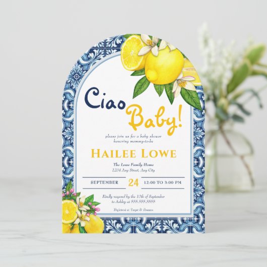 Citrus Lemon Amalfi Coast Baby Dusche Einladung (Stehend Vorderseite)