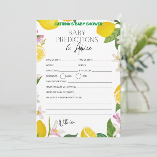 Citrus Lemon Baby Shower - Bearbeitbarer Name, 12x Einladung (Stehend Vorderseite)