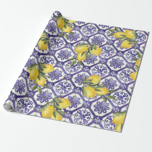 Citrus Lemon Blauer portugiesischer Tile Mittelmee Geschenkpapier (Ungerollt)