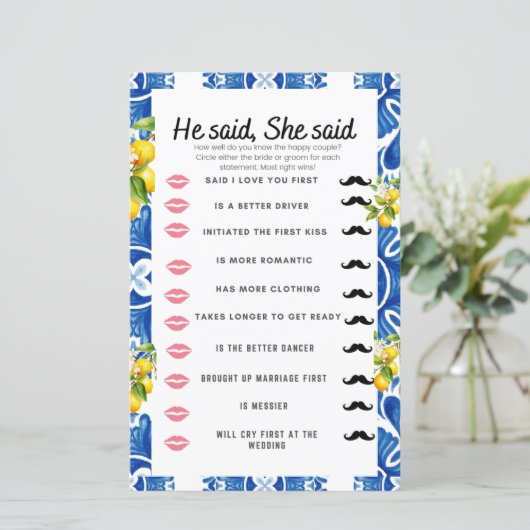 Citrus Lemon Blue Tile Brautparty Game (Stehend Vorderseite)