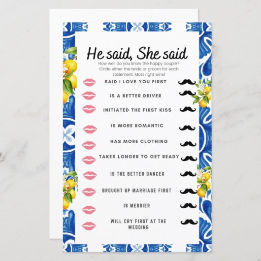 Citrus Lemon Blue Tile Brautparty Game (Vorne/Hinten)