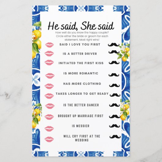 Citrus Lemon Blue Tile Brautparty Game (Vorderseite)