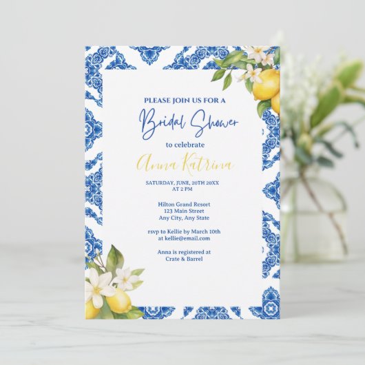 Citrus Lemon Blue Tile Bridal Dusche Einladung (Stehend Vorderseite)