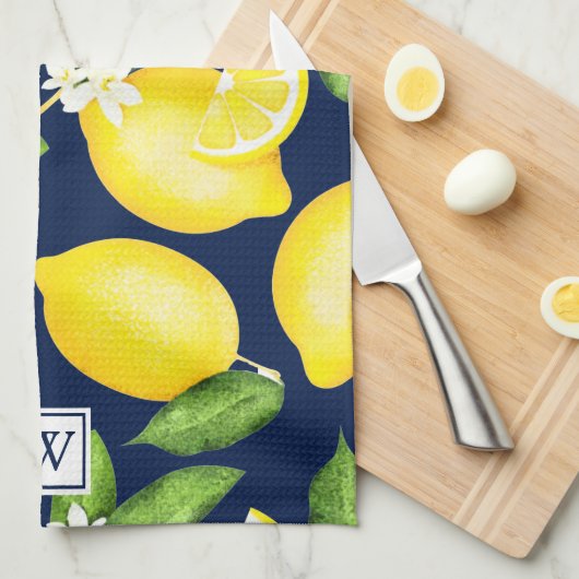 Citrus Lemon Botanical Monogram Navy Blue Geschirrtuch (Viertel Falte)