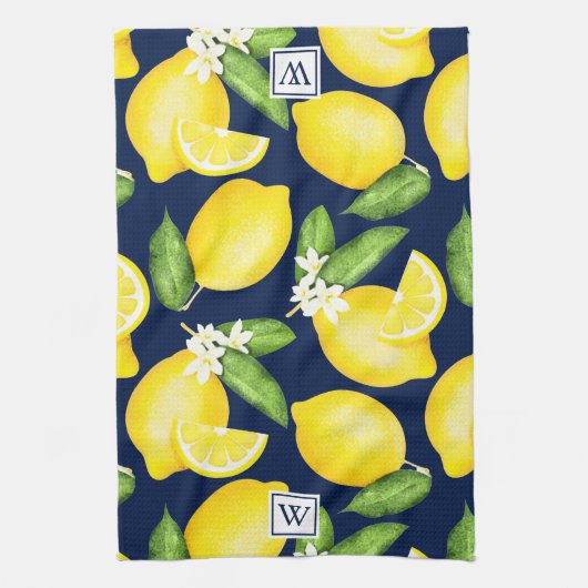 Citrus Lemon Botanical Monogram Navy Blue Geschirrtuch (Vertikal)