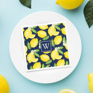 Citrus Lemon Botanical Navy Blue Monogram Serviette