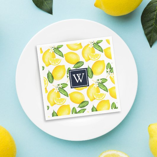 Citrus Lemon Botanical Navy Monogram Serviette