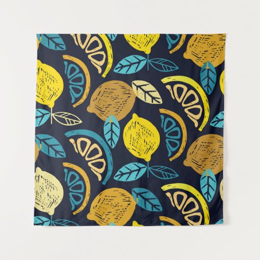 Citrus Lemon Doodle Muster Hintergrund Wandteppich (Vorderseite)