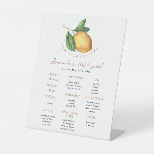 Citrus lemon First Birthday Milestone Geburtstag Sockelschild (Vorderseite)