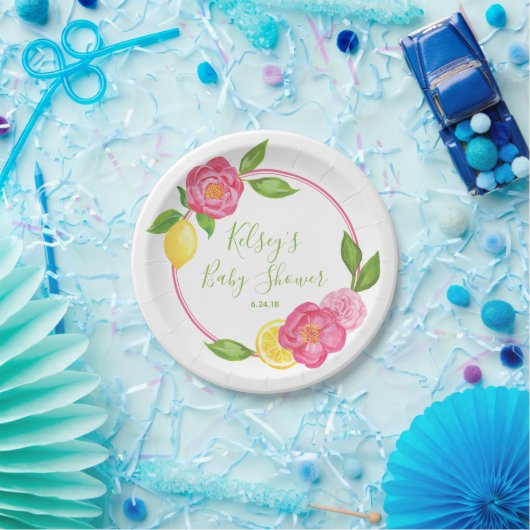 Citrus Lemon Floral Baby Shower Lemon Roses Pappteller (Party)