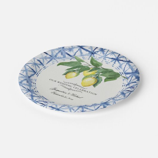 Citrus Lemon Floral Leaf Foliage Wreath Blue White Pappteller (Schrägansicht)