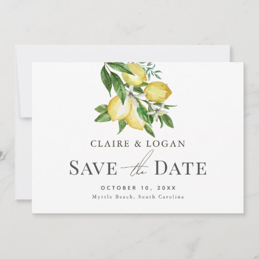 Citrus Lemon Floral Wasserfarbe Save the Date Einladung (Vorderseite)