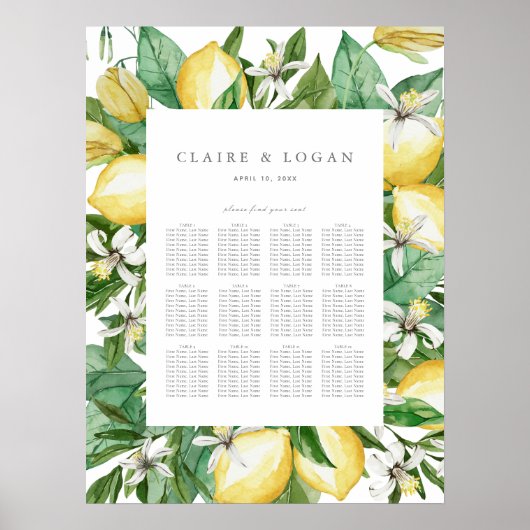Citrus Lemon Floral Wasserfarbe Seating Charts Poster (Vorne)