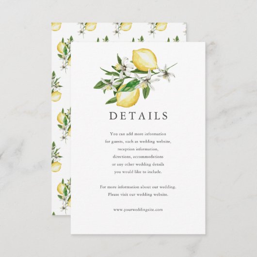 Citrus Lemon Floral Watercolor Details Card RSVP Karte (Vorne/Hinten)