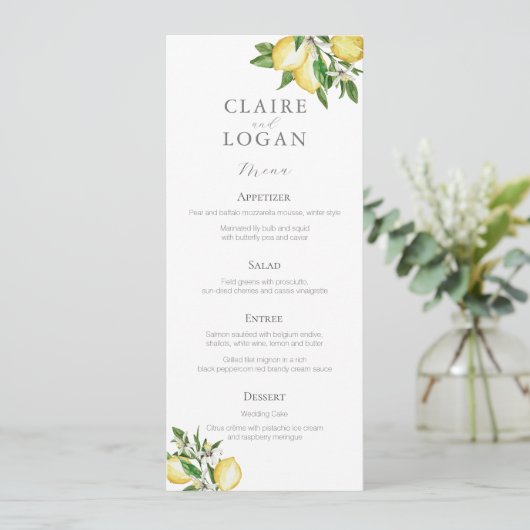 Citrus Lemon Floral Watercolor Wedding Menükarte (Stehend Vorderseite)