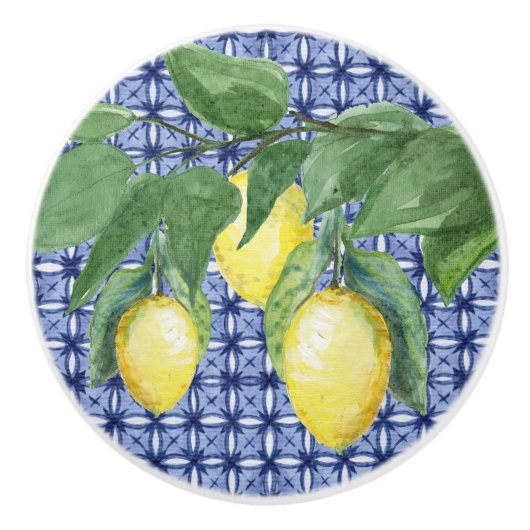 Citrus Lemon Foliage Wasserfarbmuster Navy Blau Keramikknauf (Vorderseite)