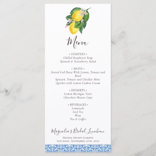 Citrus Lemon Mediterranean Blue Bridal Luncheon Menükarte (Vorderseite)