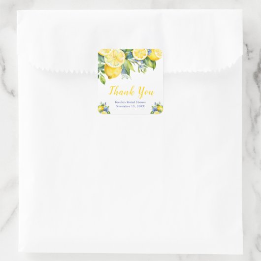 Citrus Lemon Mediterranean Bridal Shower Quadratischer Aufkleber (Tasche)