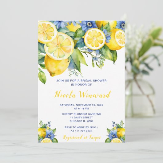 Citrus Lemon Mediterranes Brautparty Einladung (Stehend Vorderseite)