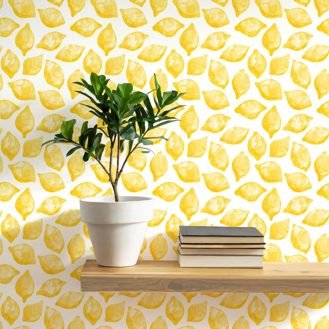 Citrus Lemon Mittelmeer Gelbe Farbe Tapete (Mediterranean citrus lemon watercolor peel and stick art wallpaper)