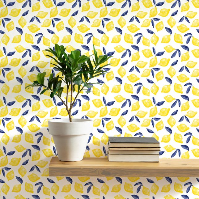 Citrus Lemon Mittelmeer Gelbe Farbe Tapete (Mediterranean citrus lemon watercolor yellow white and blue peel and stick art wallpaper)