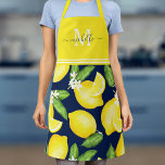 Citrus Lemon Monogram Navy Blue Schürze<br><div class="desc">Diese Monogramm-Schürze zeichnet sich durch ein Aquarellfarbenlachsmuster aus,  das an der Spitze massiv gelb ist und bei dem der Name und der Initialname hinzugefügt werden können.</div>
