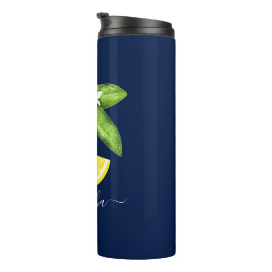 Citrus Lemon Monogram Navy Blue Thermosbecher (Nach rechts gedreht)
