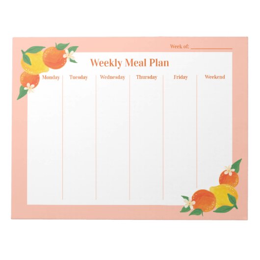 Citrus Lemon Orange Weekly Meal Plan Notepad Notizblock (Vorderseite)
