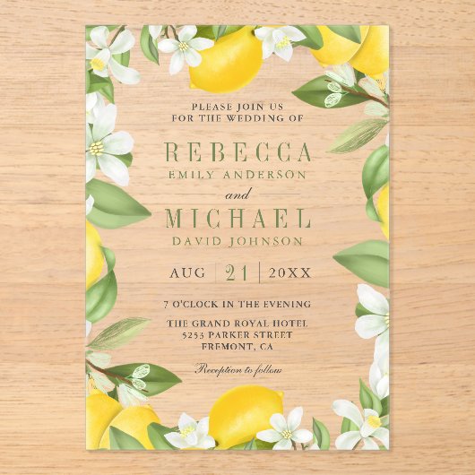 Citrus Lemon Orchard Wedding Acryleinladungen (Vorderseite)