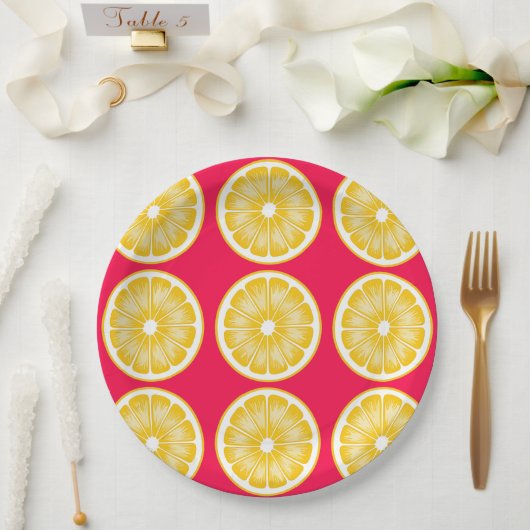 Citrus Lemon Slice Hot Pink & Yellow Pappteller (Hochzeit)